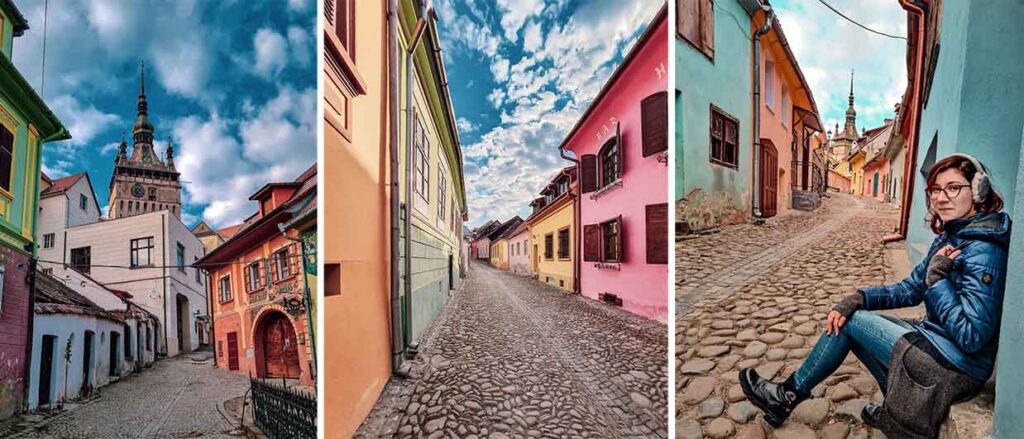 colorful streets in sighisoara transylvania romania